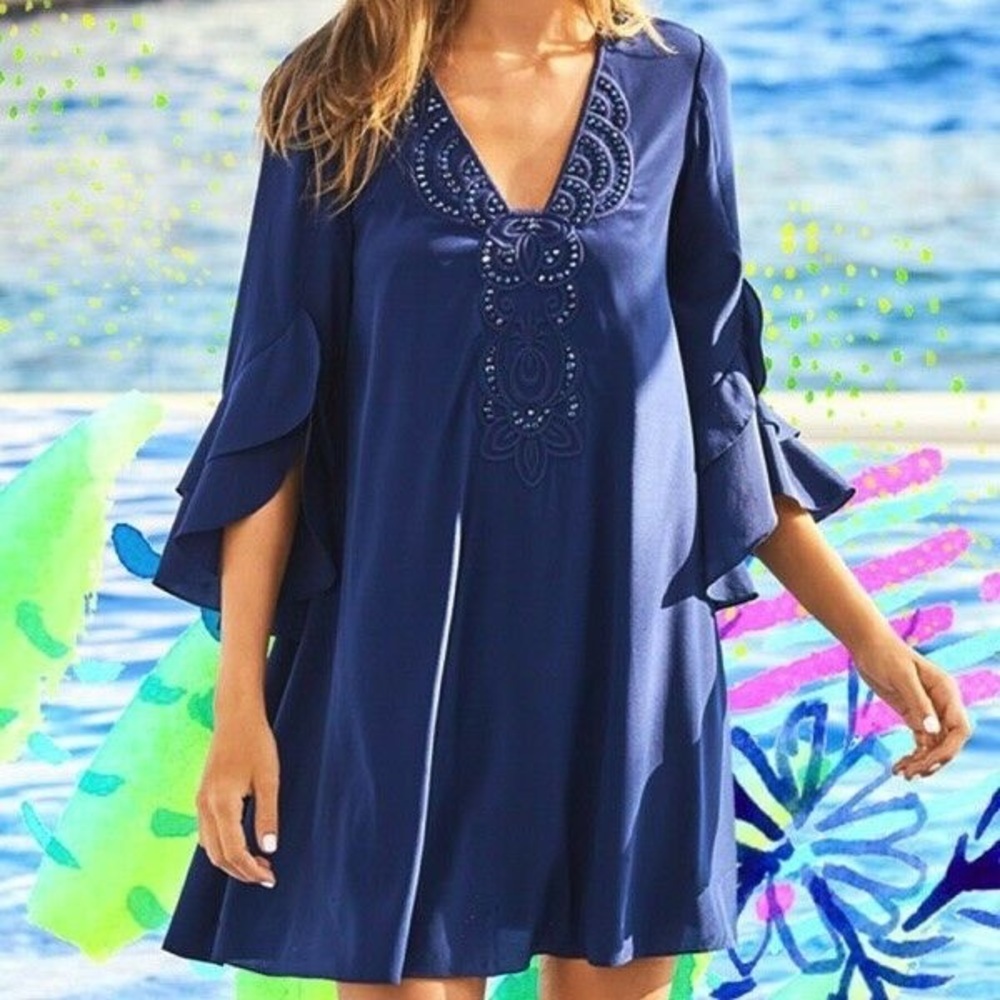 Lilly Pulitzer Tatiana Stretch Silk Dress • Navy Embellished • XS